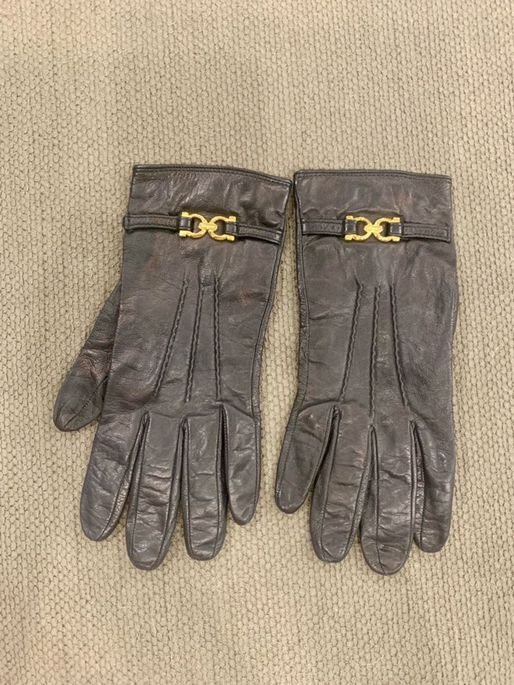 Vintage Salvatore Ferragamo Black Leather Gloves with Gold Hardware